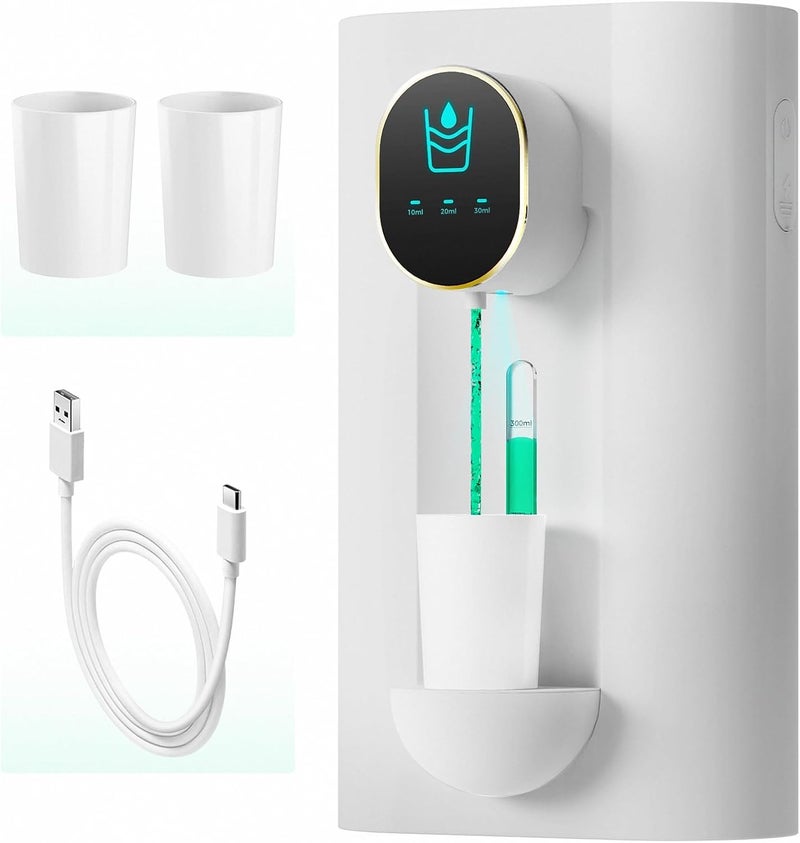 oylik Automatic Mouthwash Dispenser 18.26 oz Touchless Mouthwash Dispenser for Bathroom 2 Magnetic Cup USB Rechargeable and 3 Dispensing Levels with Led Screen Wall-Mounted or Countertop Use-White - Image 1